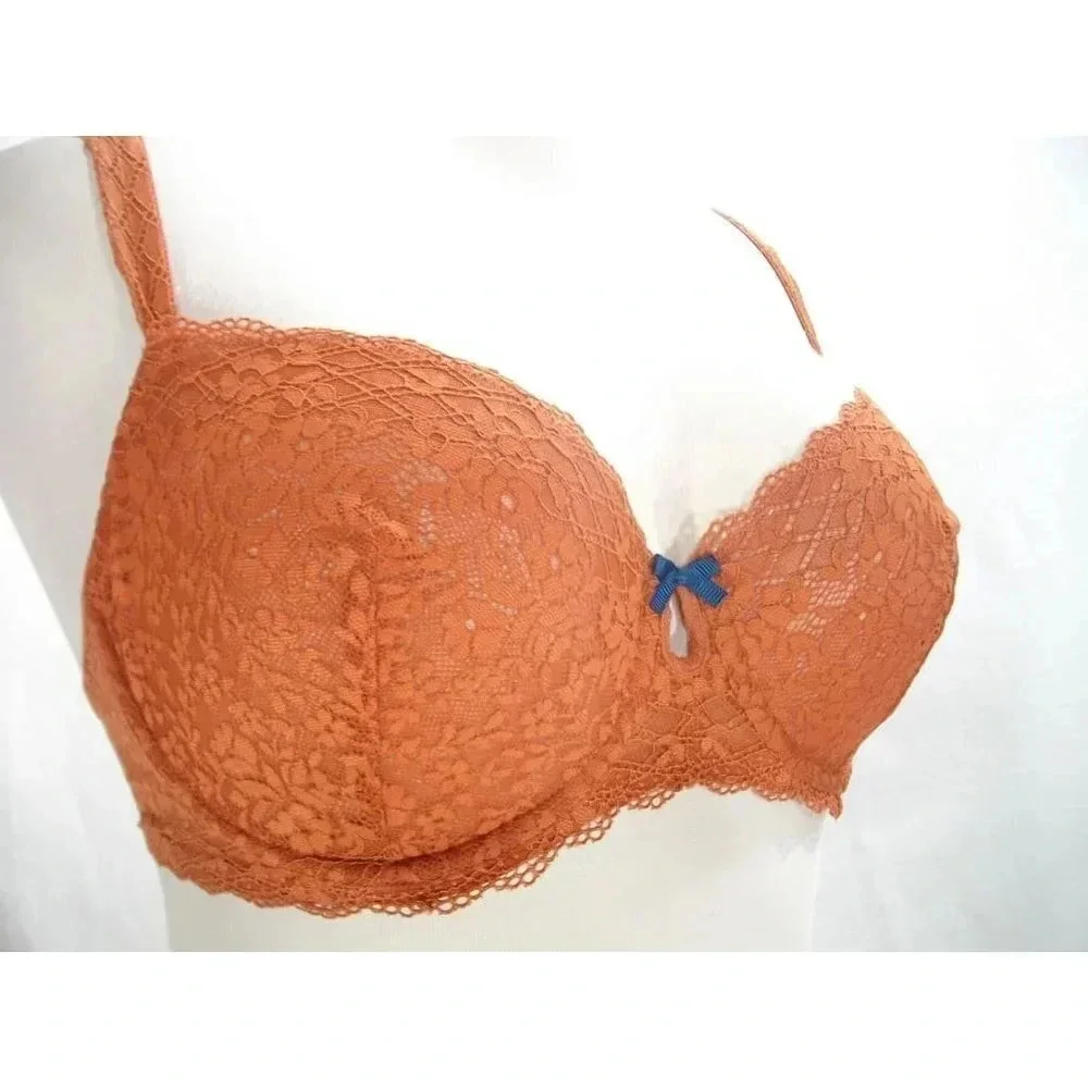 34D Gilligan O'Malley Unlined Semi Sheer Lace Balconette UW Bra Orange Penny NWT